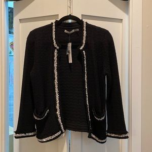 Alice + Olivia Boucle sweater with pearl and diamond trim.
